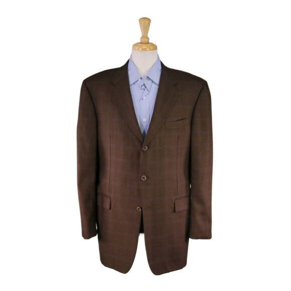 Hickey-Freeman Boardroom Brown w/ Blue Windowpane 100% Cashmere Blazer 42R - Picture 1 of 9